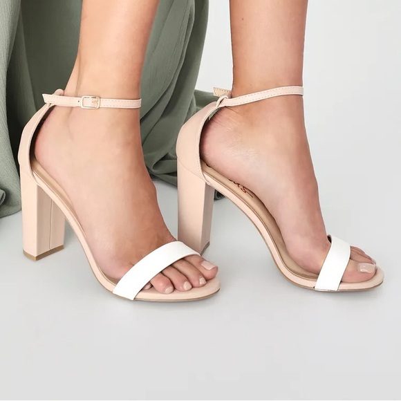 Lulus Taylor Light Nude and White Color Block Ankle Strap Heels Size: 7 - Picture 2 of 5
